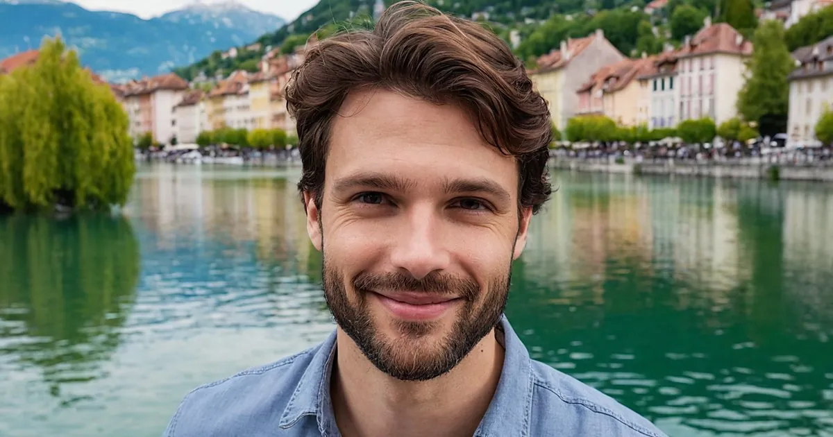 Un homme barbu au sourire en coin devant un lac vert et des maisons au pied des montagnes