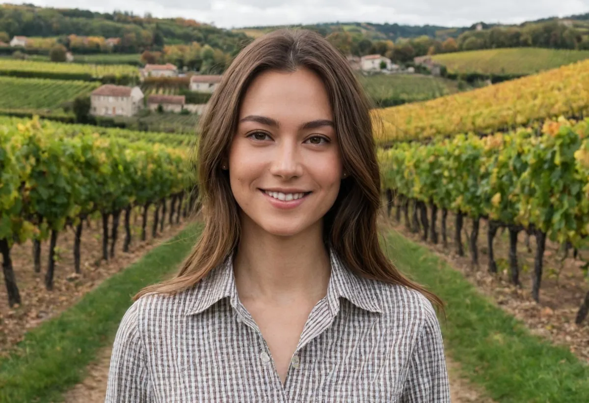 Une jeune femme souriante aux cheveux longs au milieu des vignes aux feuilles d'automne