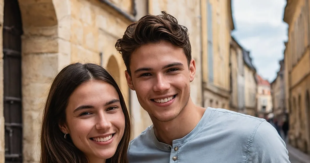 Un jeune couple souriant dans une rue étroite aux façades de pierre dorée