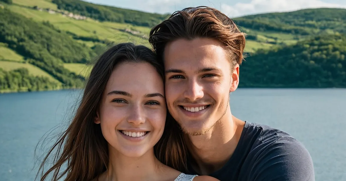 Un jeune couple joue contre joue en souriant devant un lac et des collines boisées