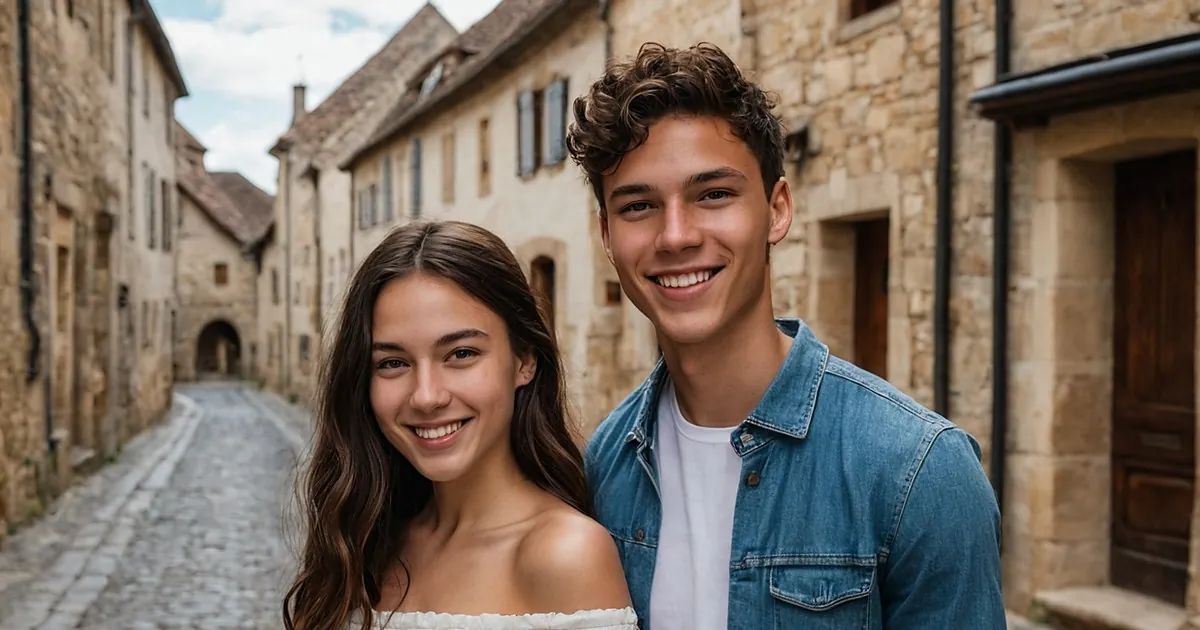 Un jeune couple souriant dans une ruelle pavée entre des maisons en pierre ancienne