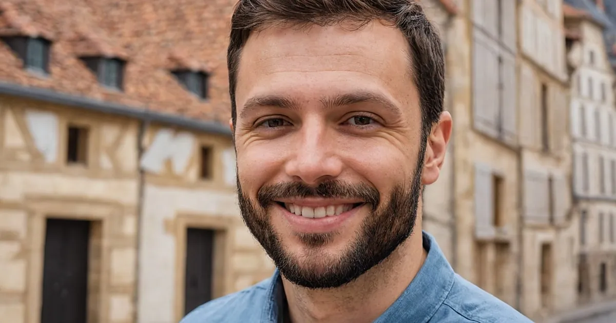 Un homme barbu qui sourit devant des maisons à pans de bois et toits de tuiles