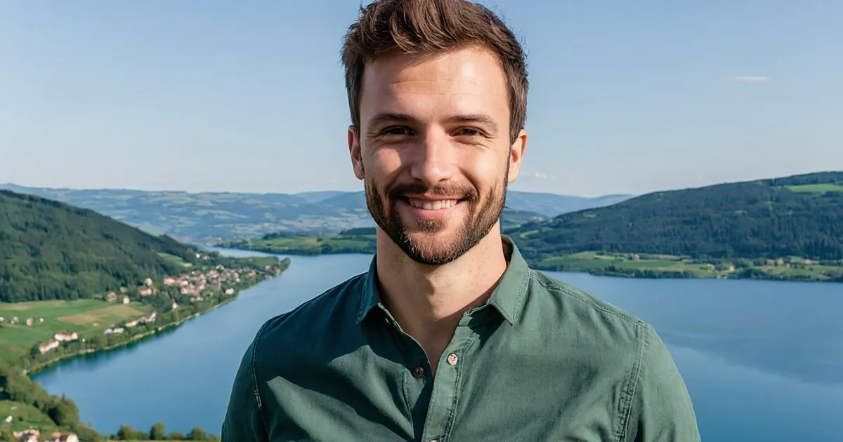 Un homme barbu en chemise verte souriant face à un grand lac entouré de collines boisées