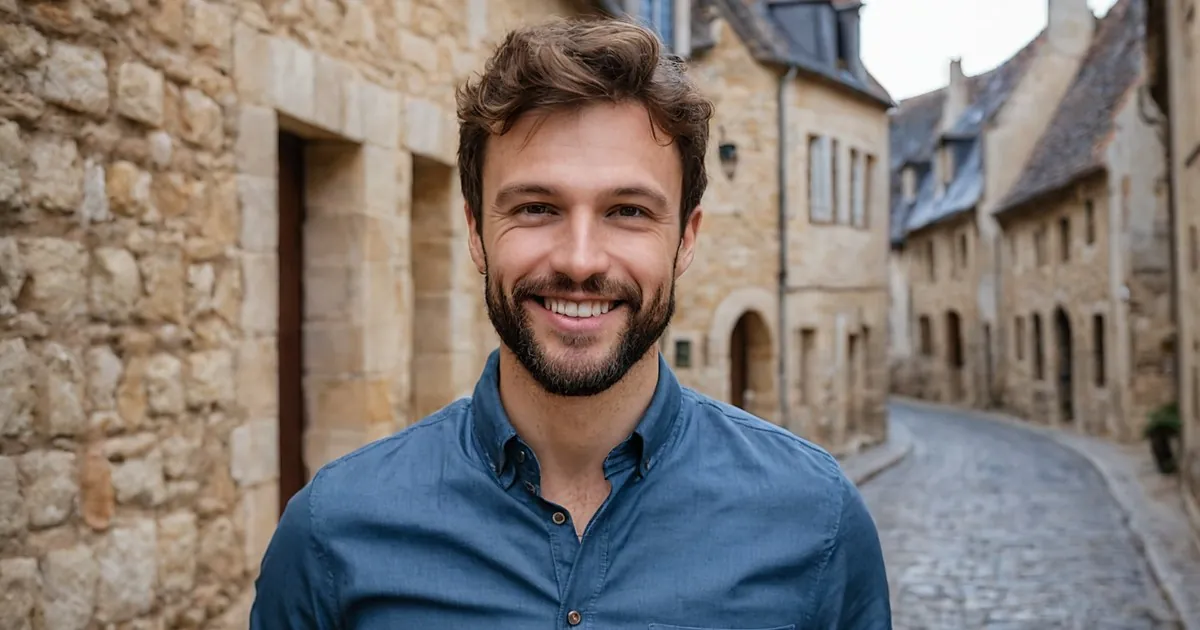 Un homme barbu souriant dans une ruelle pavée bordée de vieilles maisons en pierre