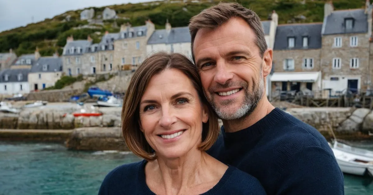 Un couple mûr tête contre tête, souriant devant un petit port et des maisons en granit