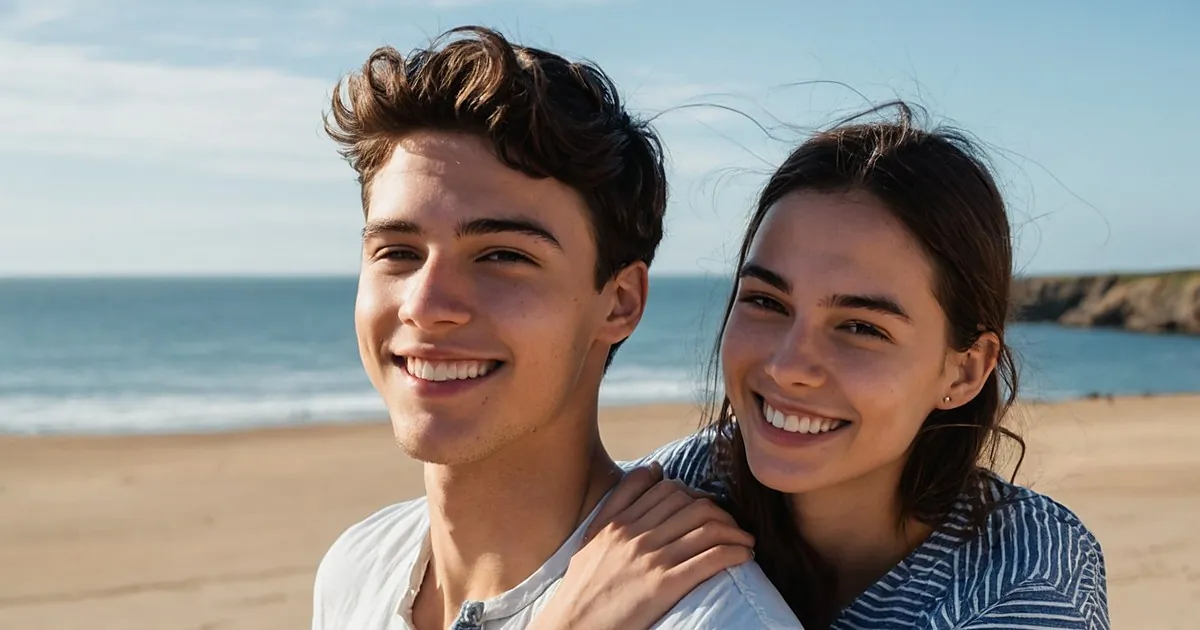 Un jeune couple rit sur une plage de sable, la mer et une pointe rocheuse derrière eux