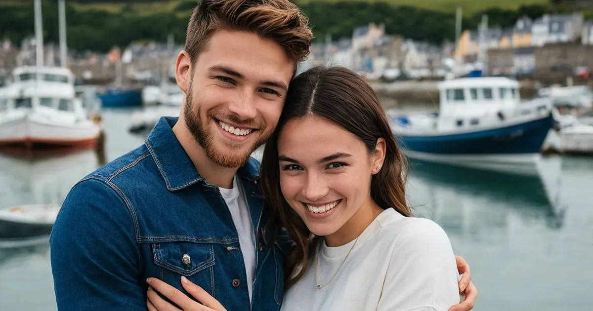 Un jeune couple enlacé et souriant devant un port de plaisance et des bateaux amarrés