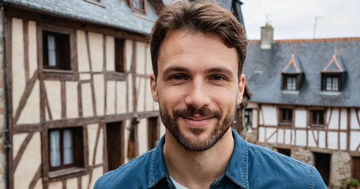 Un homme barbu au sourire en coin devant des maisons à colombages et toits d'ardoise