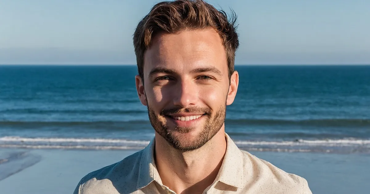 Un homme barbu souriant face à la mer sur une plage, ciel bleu et eau calme