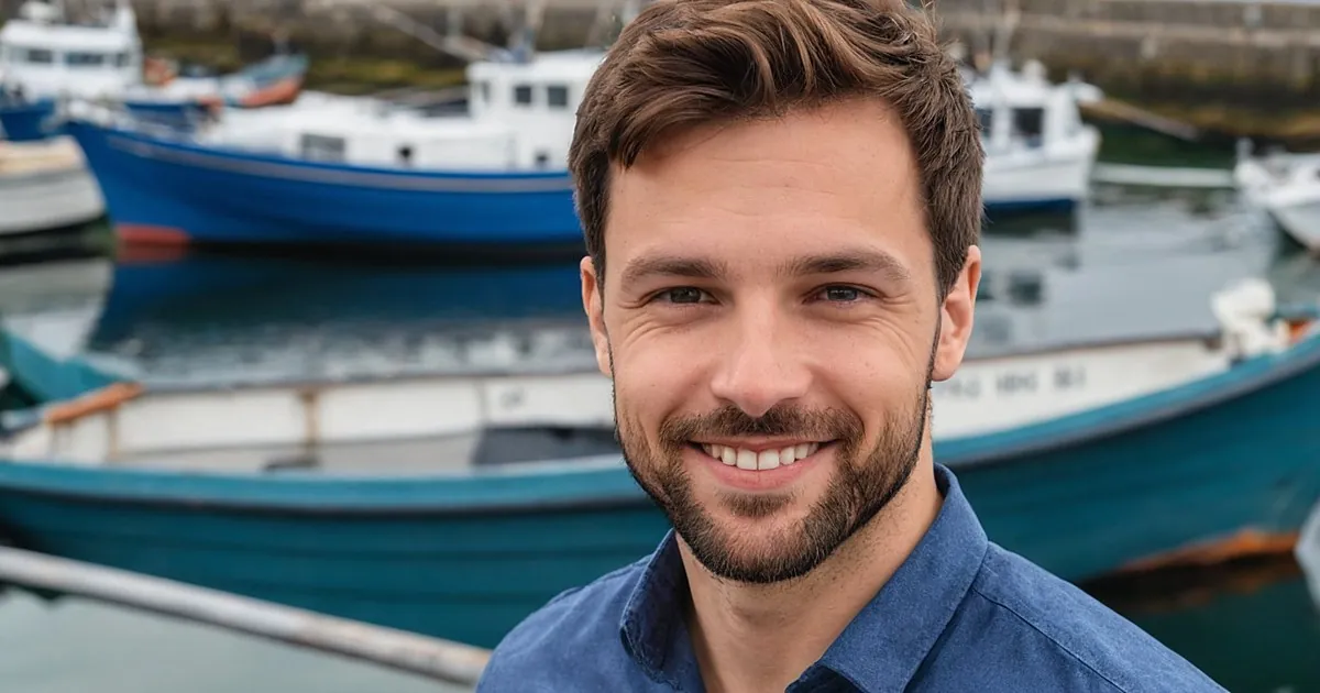 Un homme barbu souriant devant des bateaux de pêche amarrés dans un port