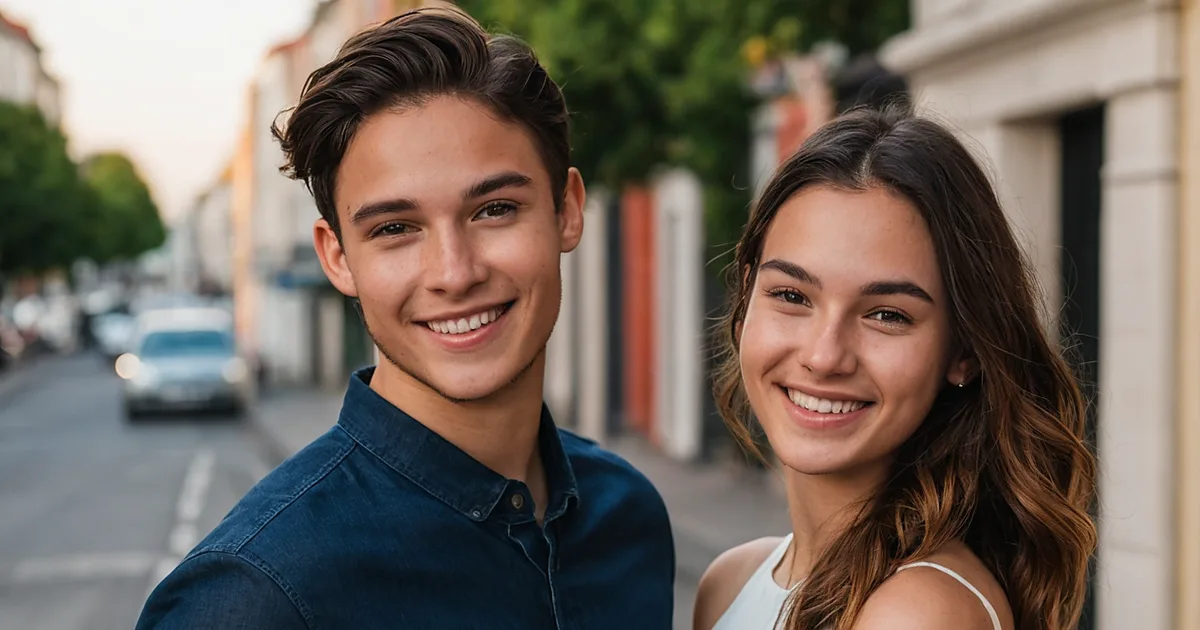 Un jeune couple joue contre joue en souriant devant un bassin portuaire et des maisons en pierre
