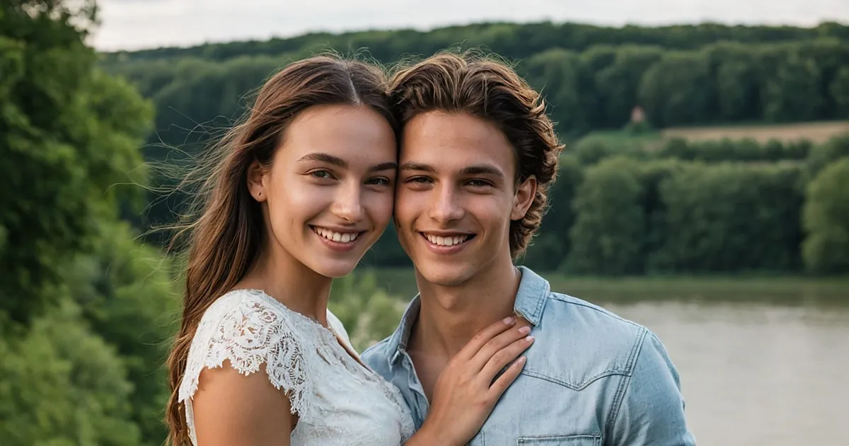 Un jeune couple souriant, tête contre tête, sur un surplomb boisé au-dessus d'une rivière