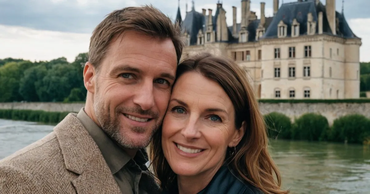 Un couple d'âge mûr tête contre tête, souriant devant un château au bord de l'eau
