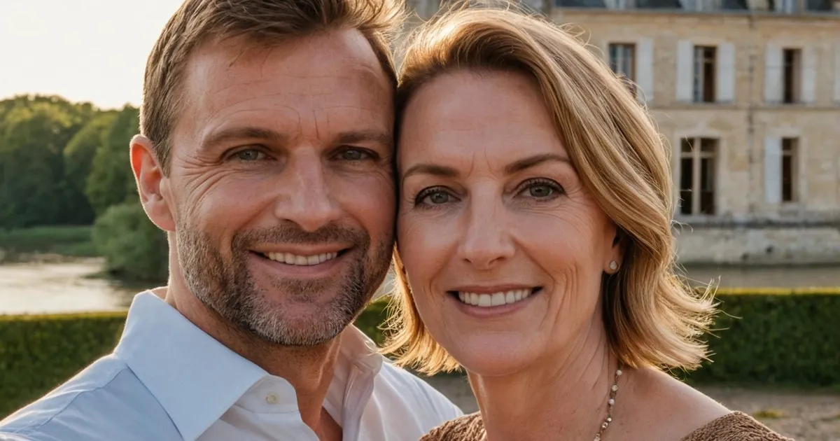 Un couple d'âge mûr tête contre tête, souriant devant une demeure de pierre à la lumière dorée