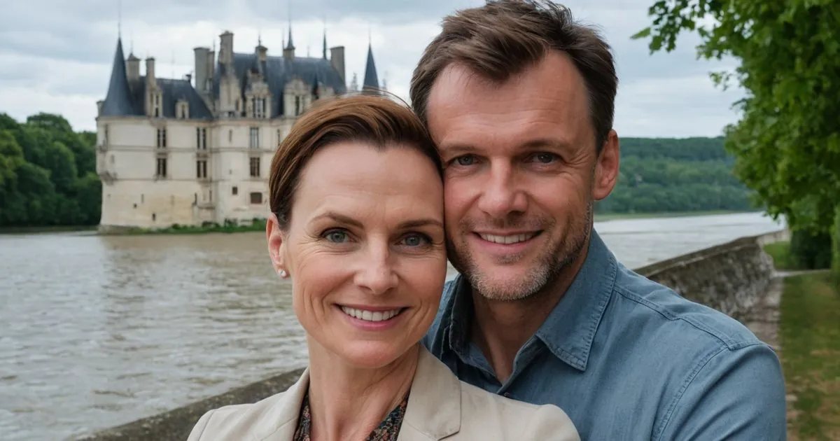 Un couple d'âge mûr souriant, un château à tourelles et une rivière large derrière eux