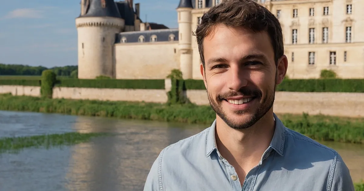 Un homme barbu qui sourit au bord de l'eau devant un château à tours rondes