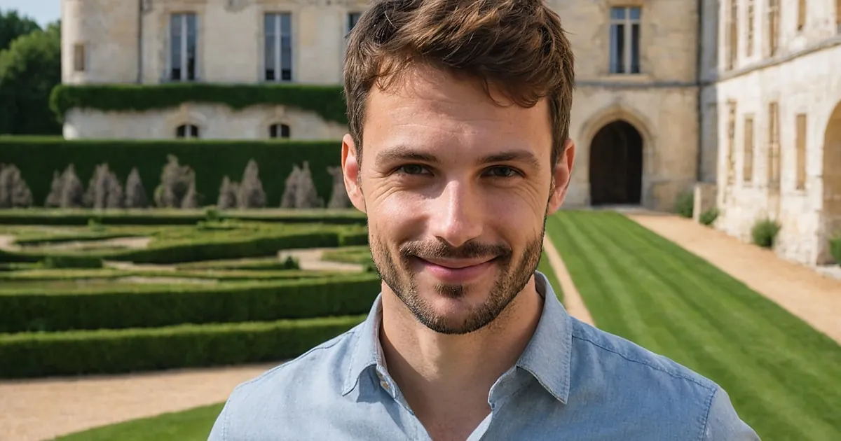 Un homme barbu au sourire discret devant un jardin à la française et un château