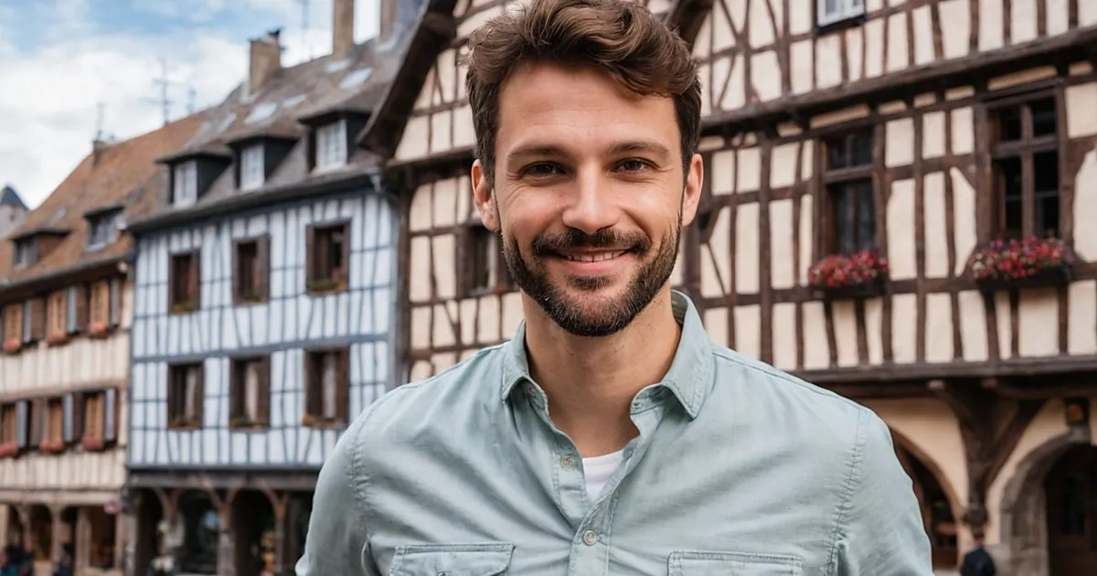 Un homme barbu souriant devant des maisons à pans de bois ornées de jardinières fleuries