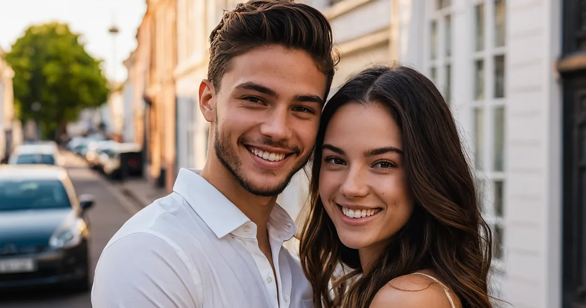 Un jeune couple souriant devant un château et son reflet dans une rivière calme