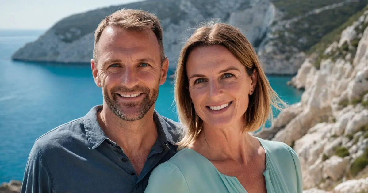 Un couple d'âge mûr souriant, épaule contre épaule, face à des falaises calcaires et une mer turquoise