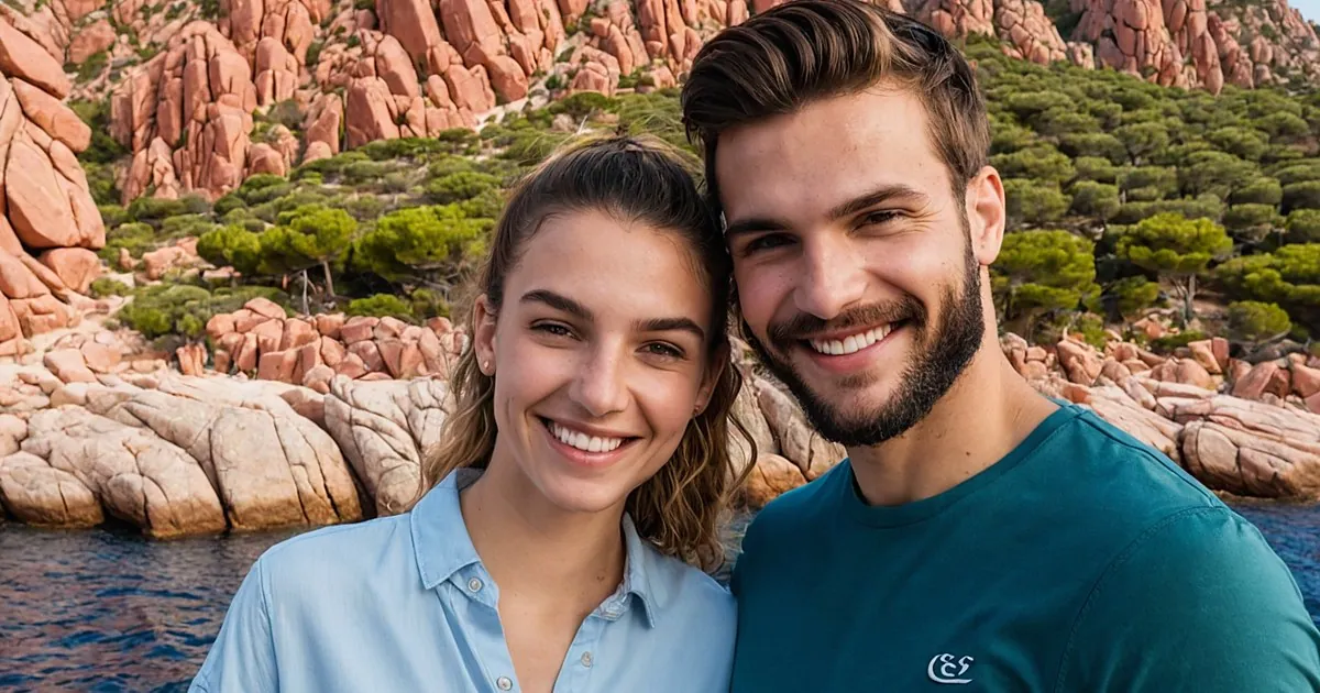 Un jeune couple souriant devant des rochers rouges, des pins et une eau sombre