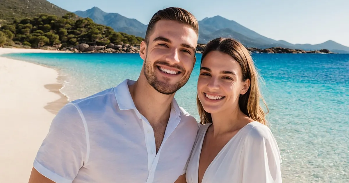 Un jeune couple souriant sur une plage de sable blanc, mer turquoise et montagnes au loin