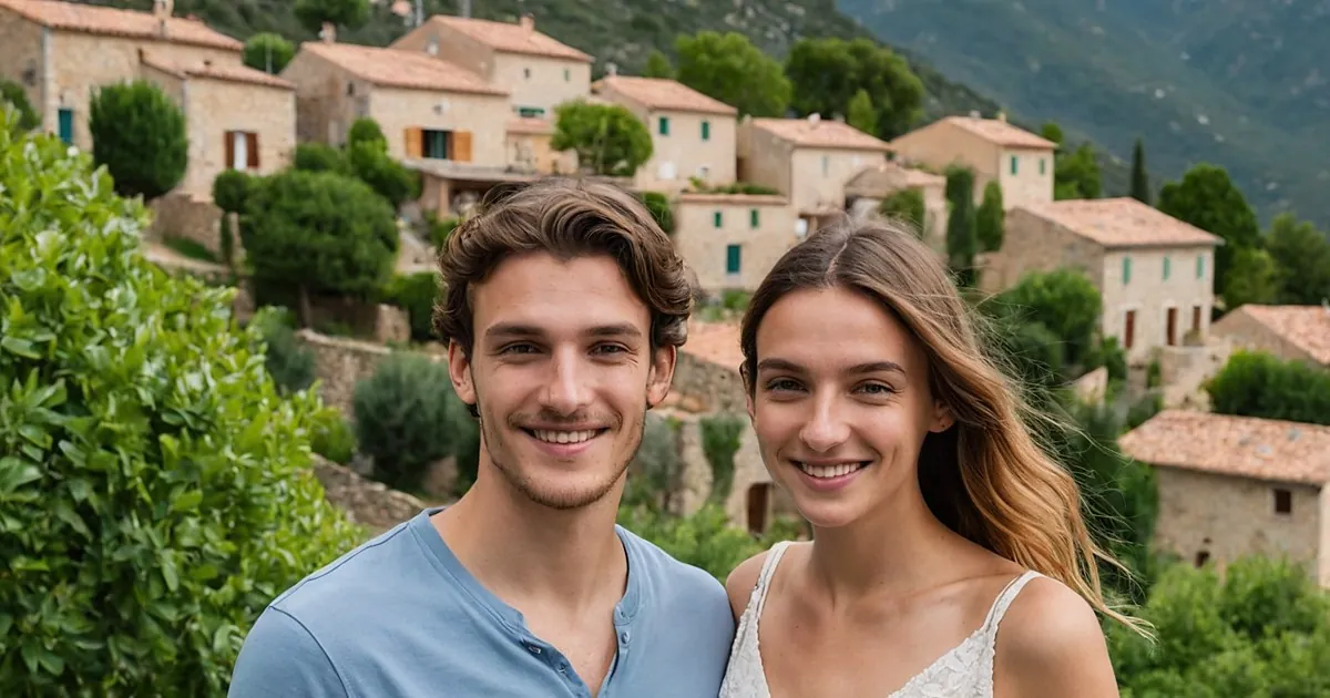 Un jeune couple souriant devant un village de maisons en pierre à toits de tuiles dans la verdure