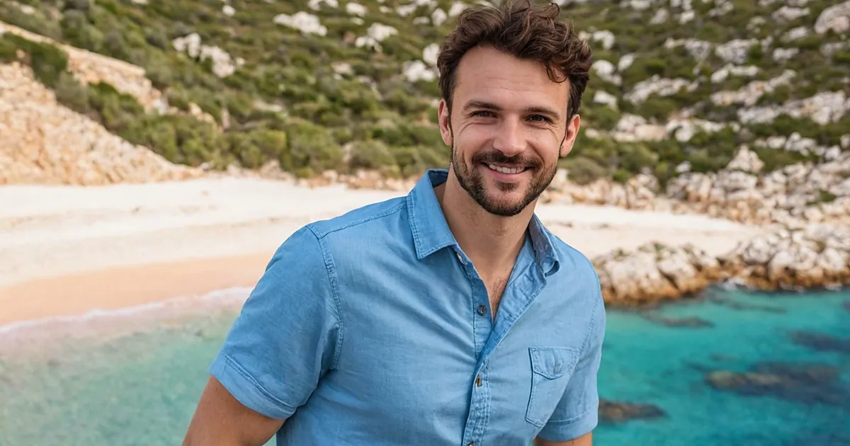 Un homme barbu en chemise bleue qui sourit devant une crique de sable et une eau turquoise