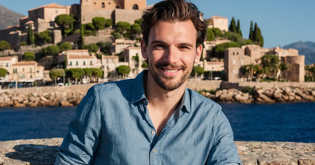 Un homme barbu souriant face à un petit port et un village fortifié en pierre, mer bleu profond