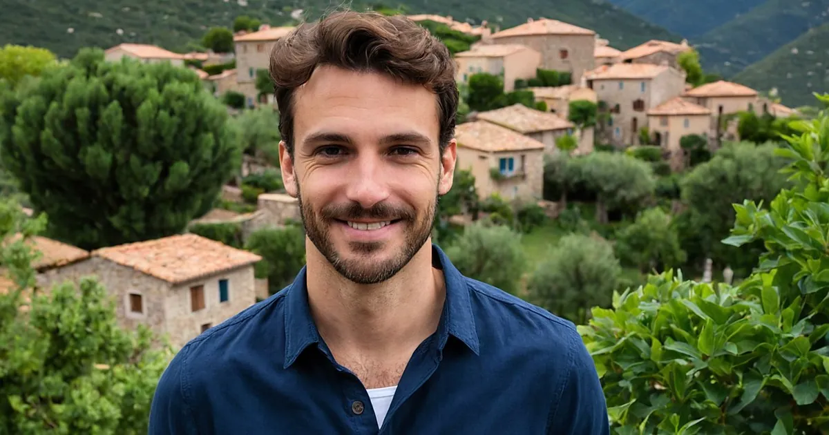 Un homme barbu en chemise bleu marine souriant devant un village de pierre niché dans les collines