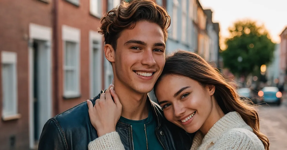 Un jeune couple souriant, yeux clairs, sur un sentier de falaise au-dessus d'une baie turquoise