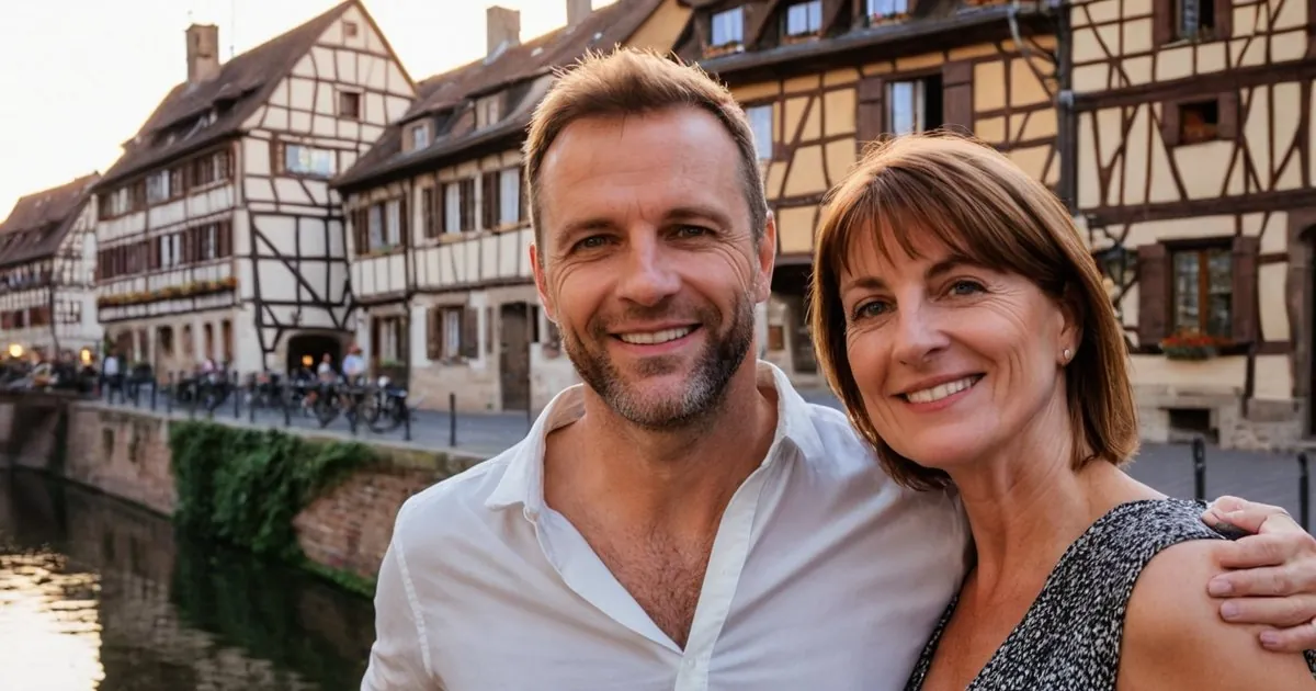 Un couple d'âge mûr souriant au bord d'un canal, maisons à colombages éclairées par le soleil couchant