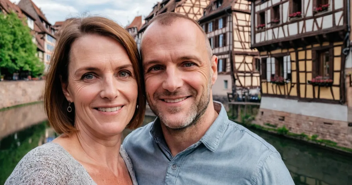Un couple d'âge mûr tête contre tête, souriant devant un canal et des maisons à colombages fleuries