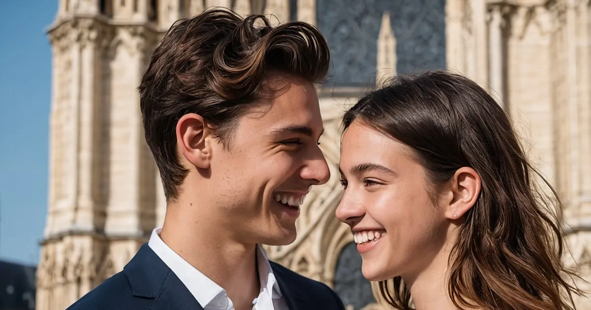 Un jeune couple rit en se regardant devant la façade sculptée d'une grande cathédrale en pierre