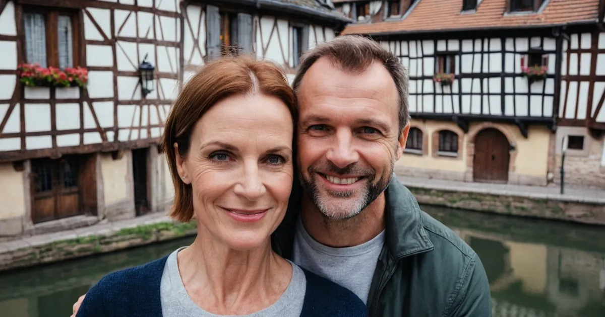 Un couple d'âge mûr souriant devant des maisons à colombages et un canal, jardinières fleuries
