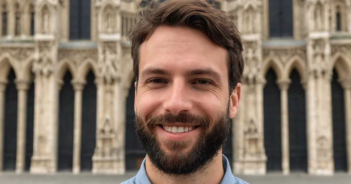 Un homme barbu qui sourit devant la façade ouvragée d'une cathédrale de pierre claire