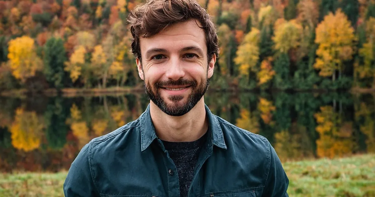 Un homme barbu souriant devant un lac aux reflets, entouré d'une forêt aux couleurs d'automne