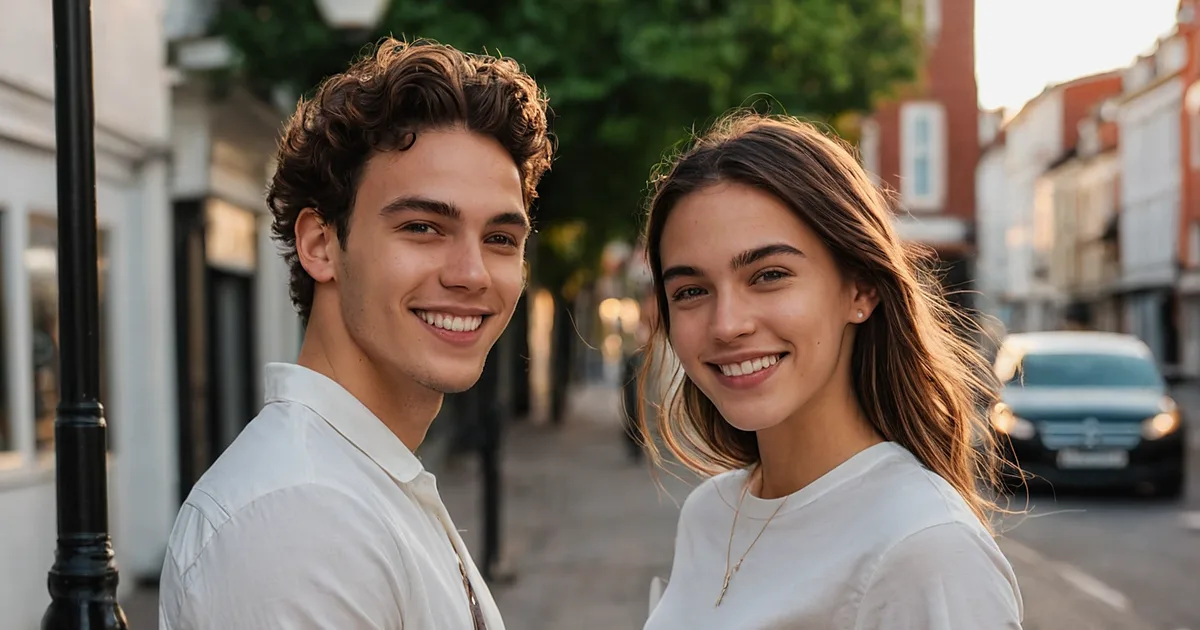Un couple d'âge mûr souriant sur un pont, canal et maisons à colombages derrière eux