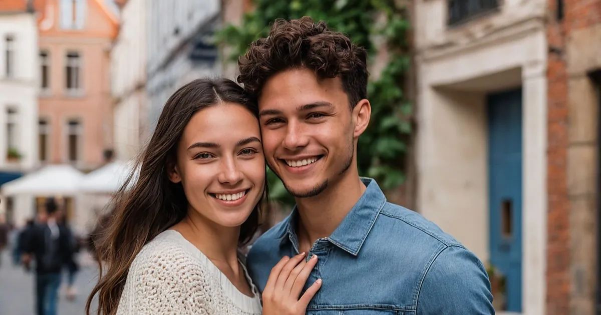 Un jeune couple souriant dans une rue pavée, façades de brique et de pierre, silhouettes floues derrière