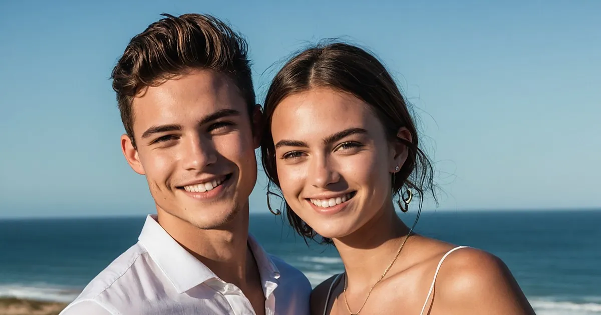 Un jeune couple souriant sur un quai au bord d'un canal, grands arbres verts et pont ancien au fond