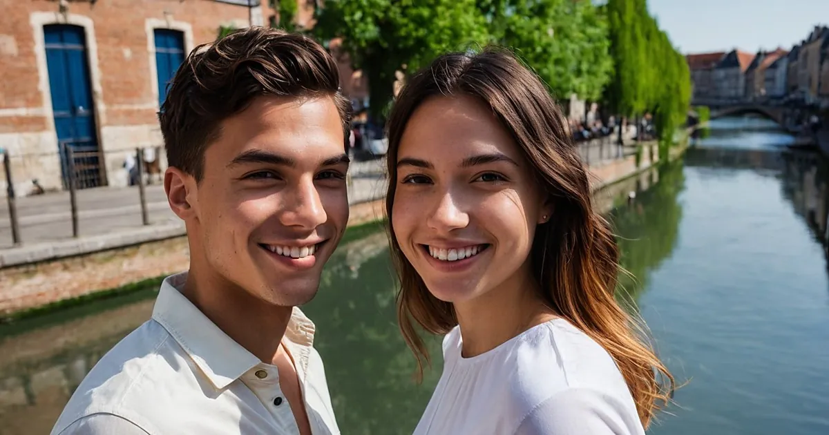 Un jeune couple joue contre joue en souriant au bord de la mer, ciel bleu et vagues derrière eux