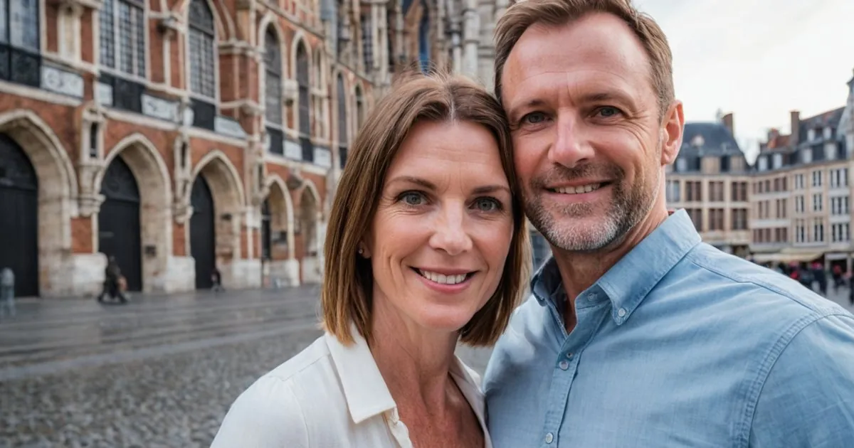 Un couple d'âge mûr tête contre tête sur une place pavée devant un bel édifice de brique et de pierre