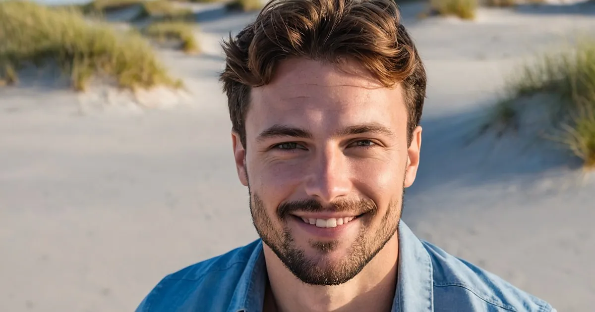 Un homme barbu souriant dans les dunes, herbes de plage et sable clair à la lumière du soir
