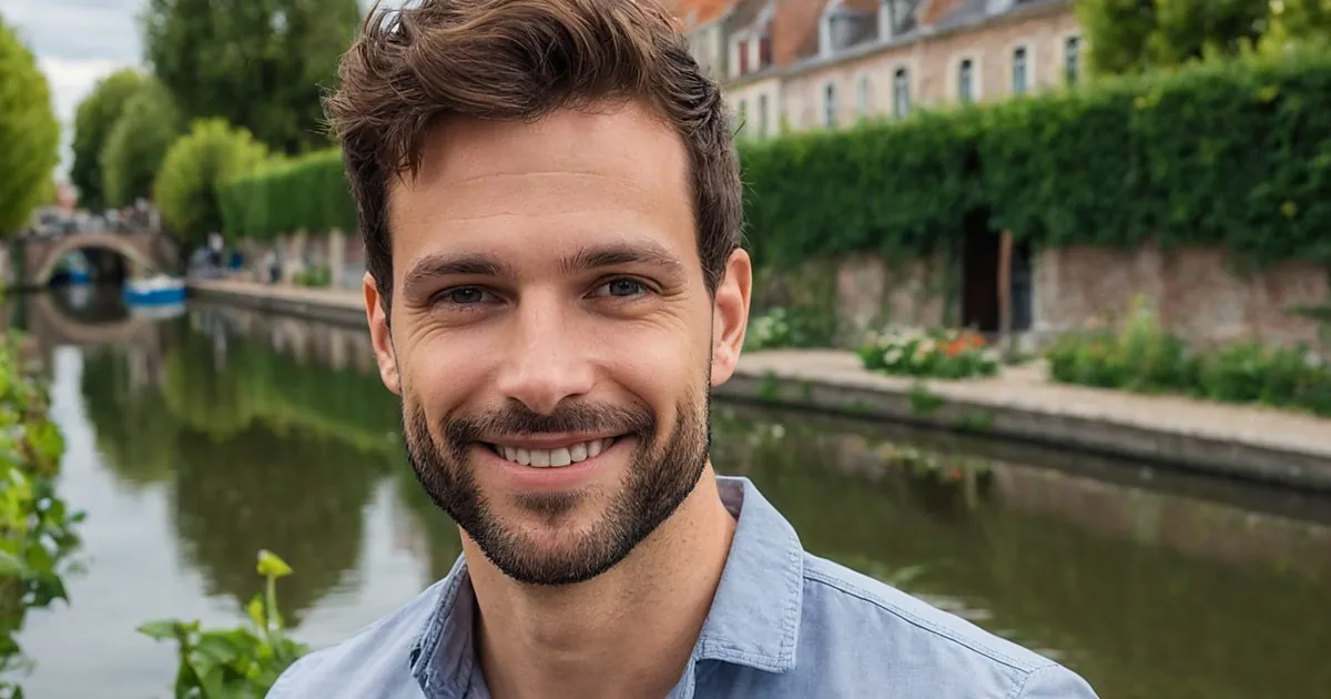 Un homme barbu qui sourit au bord d'un canal calme, haie verte, pont et maisons de brique au fond