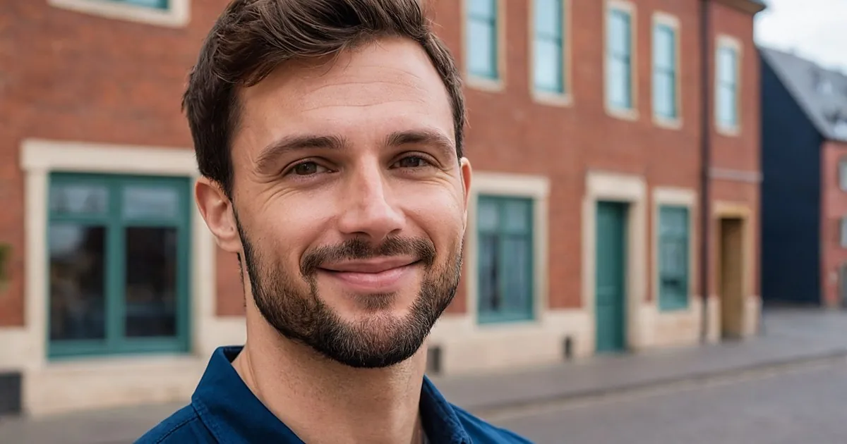 Un homme barbu au sourire discret devant des maisons de brique rouge aux fenêtres vertes