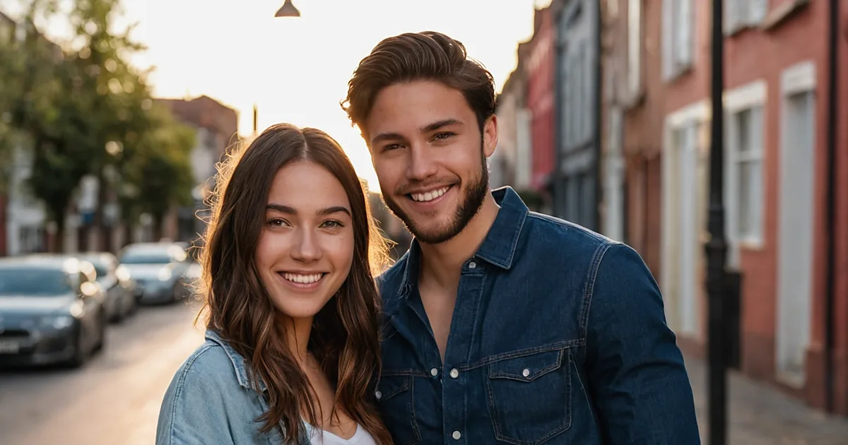 Un jeune couple souriant dans une rue bordée de façades colorées, lumière dorée de fin de journée