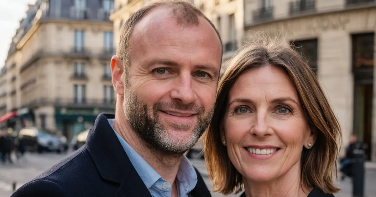 Un couple d'âge mûr qui sourit dans une rue bordée d'immeubles haussmanniens en pierre claire
