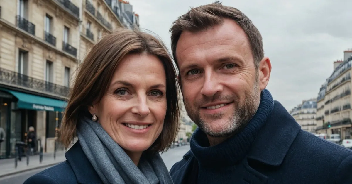 Un couple d'âge mûr souriant, la femme portant une écharpe grise, devant des immeubles à balcons en fer forgé
