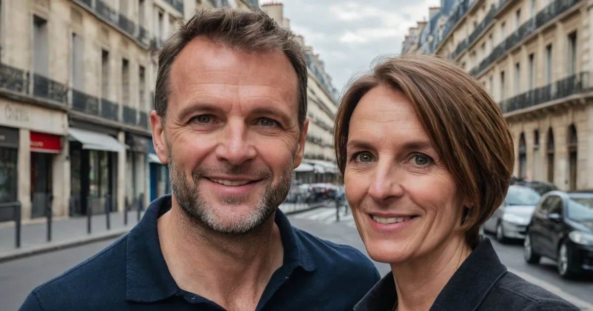 Un couple d'âge mûr souriant dans une avenue de grands immeubles en pierre, voitures et boutiques à l'arrière