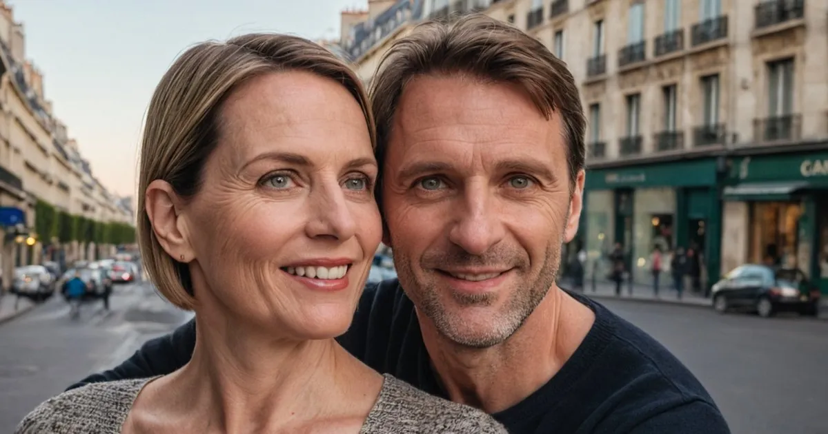 Un couple d'âge mûr tête contre tête, souriant dans une rue au crépuscule, boutiques aux façades vertes